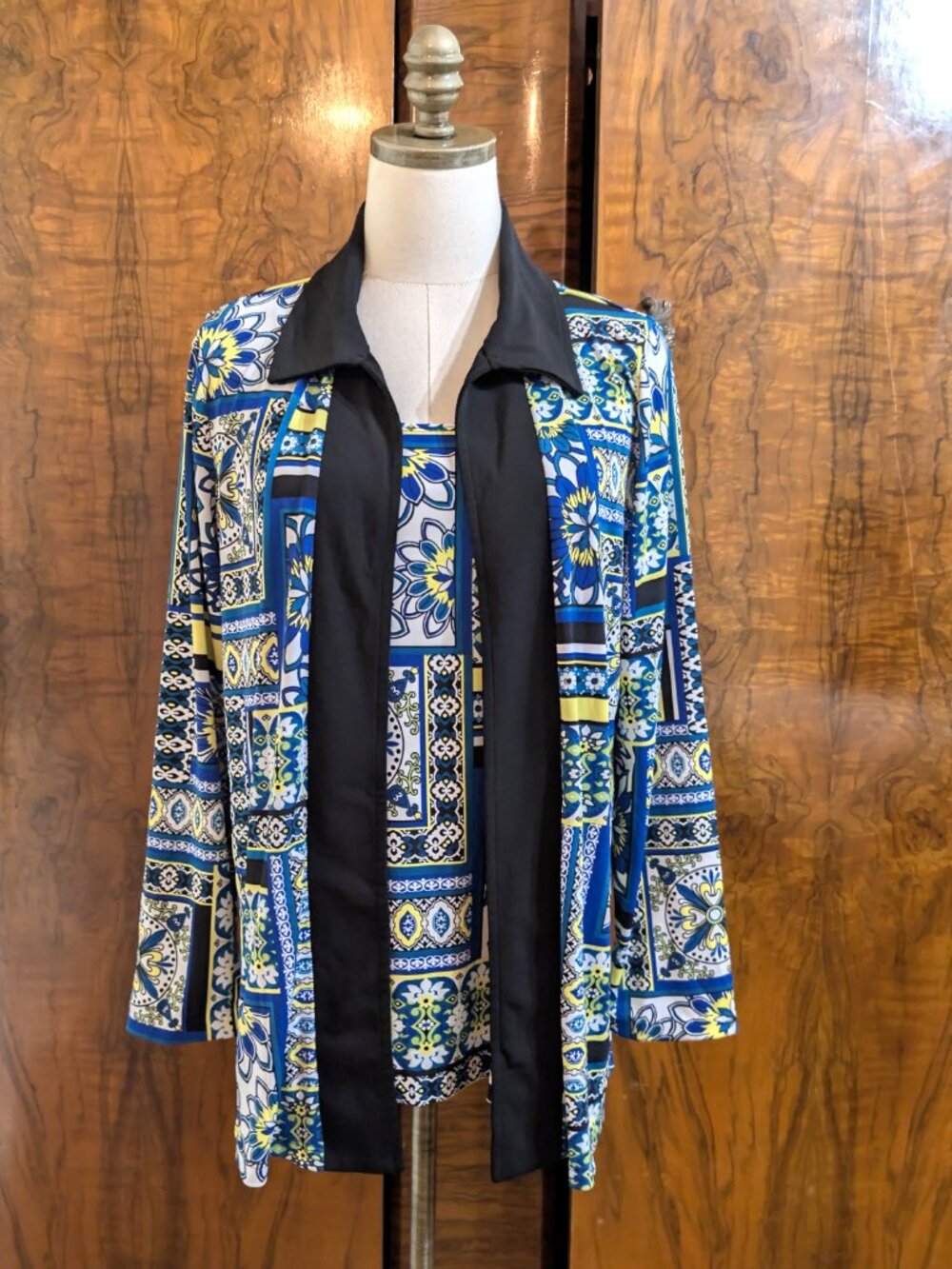 Vintage Travel Elements 2pc Set Tank & Open Front Jacket M Blue Patchwork Floral
